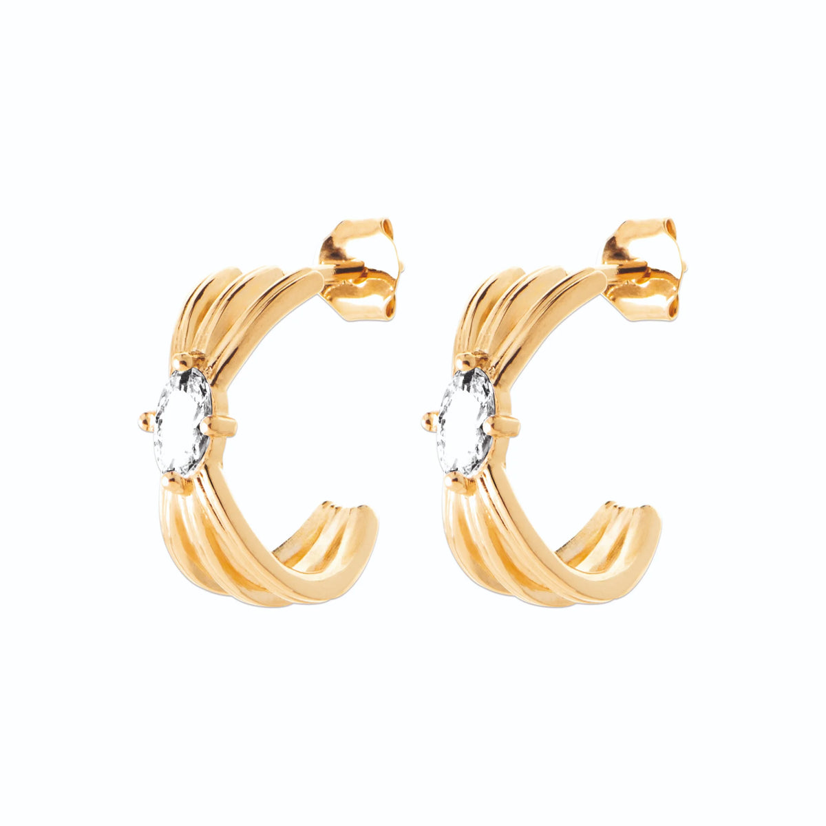 Boucles d’oreilles demi-créoles trois fils et zircon navette en plaqué or