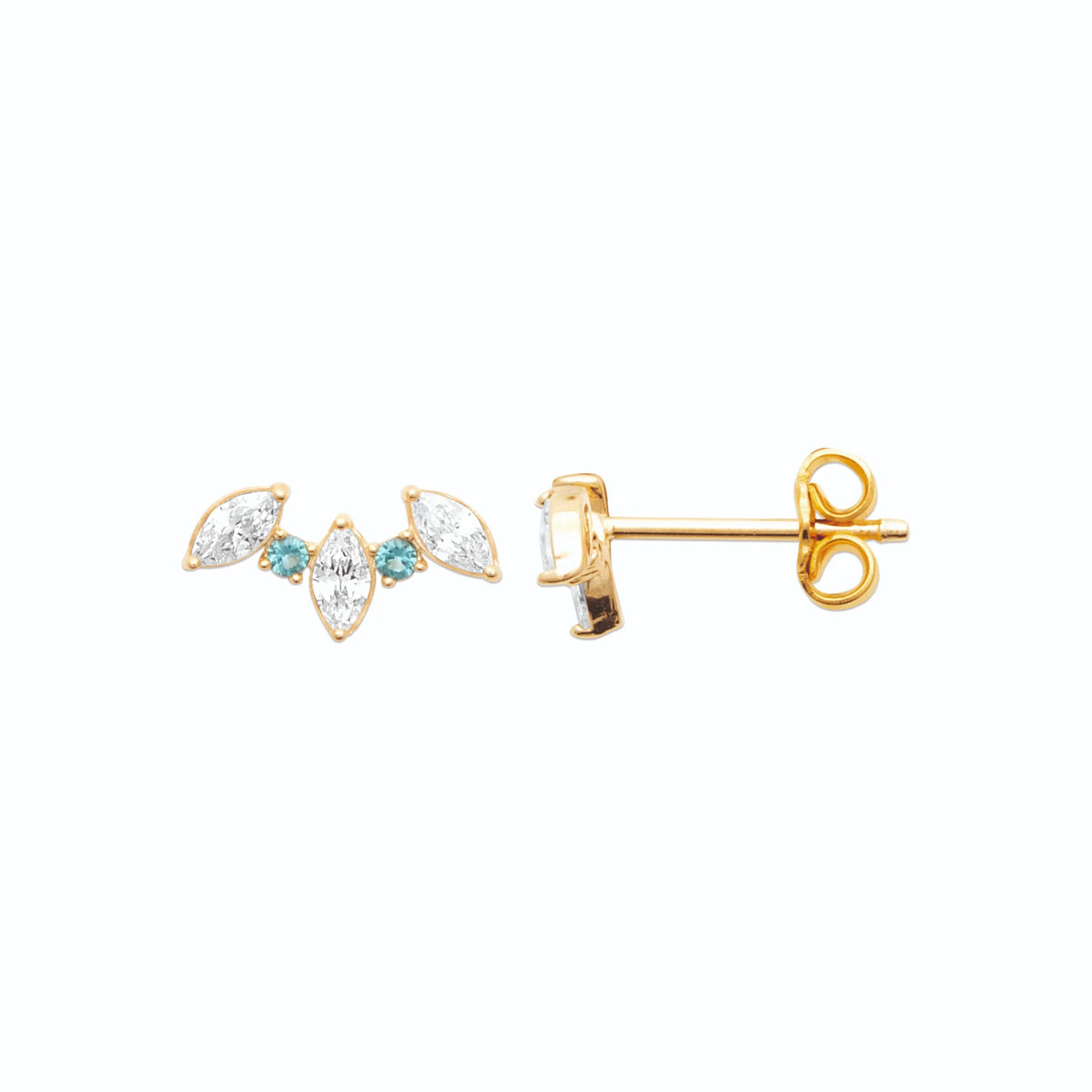 Boucles d’oreilles grimpantes ailes de pierres blanches et turquoise en plaqué or