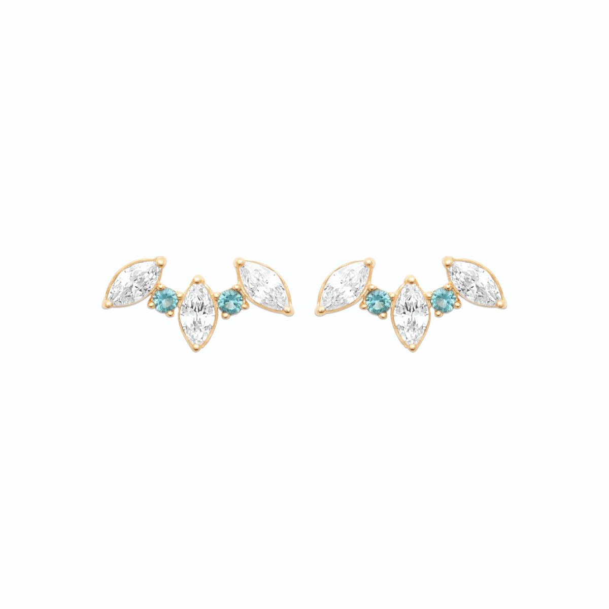 Boucles d’oreilles grimpantes ailes de pierres blanches et turquoise en plaqué or