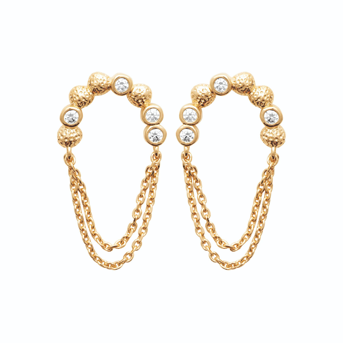 Boucles d’oreilles grimpantes arc de zircons et chaînettes drapées en plaqué or