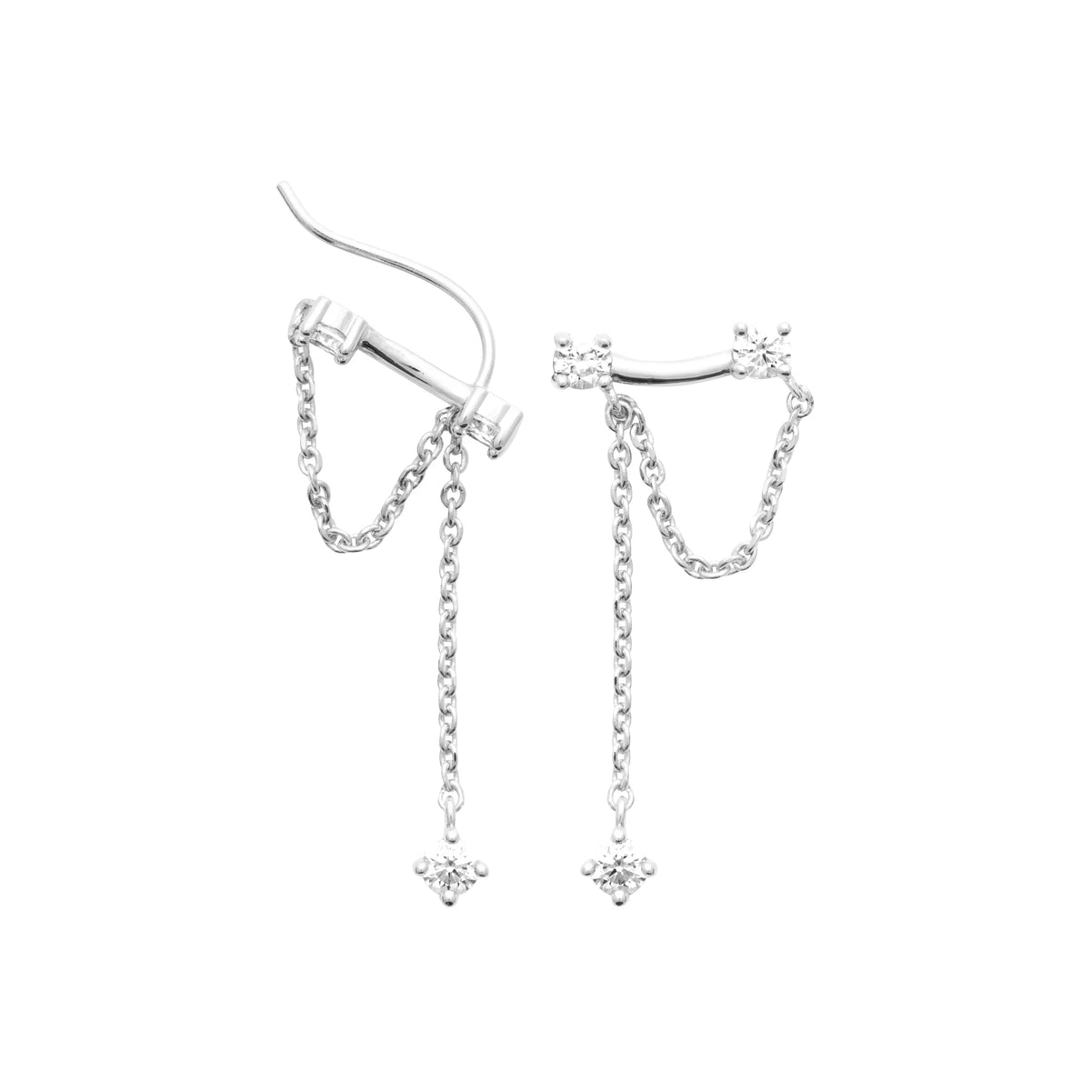 Boucles d’oreilles grimpantes barre de zircons et chaînettes drapées en argent 925 rhodié