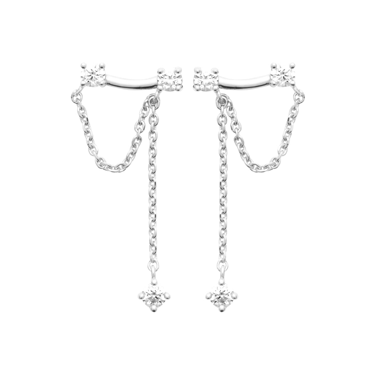 Boucles d’oreilles grimpantes barre de zircons et chaînettes drapées en argent 925 rhodié