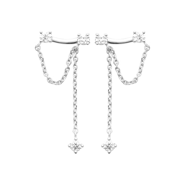 Boucles d’oreilles grimpantes barre de zircons et chaînettes drapées en argent 925 rhodié