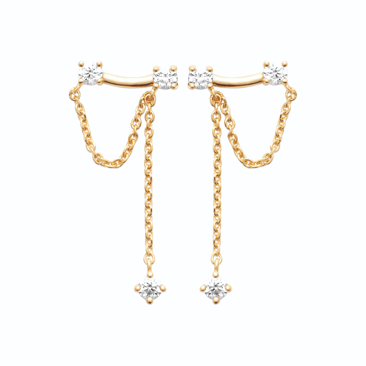 Boucles d’oreilles grimpantes barre de zircons et chaînettes drapées en plaqué or