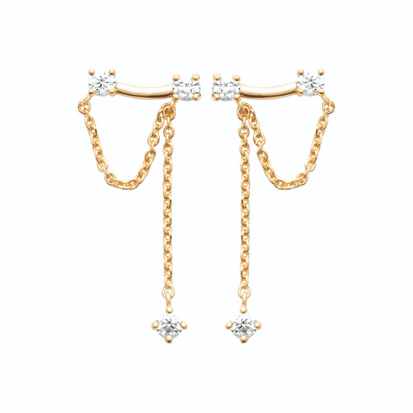 Boucles d’oreilles grimpantes barre de zircons et chaînettes drapées en plaqué or
