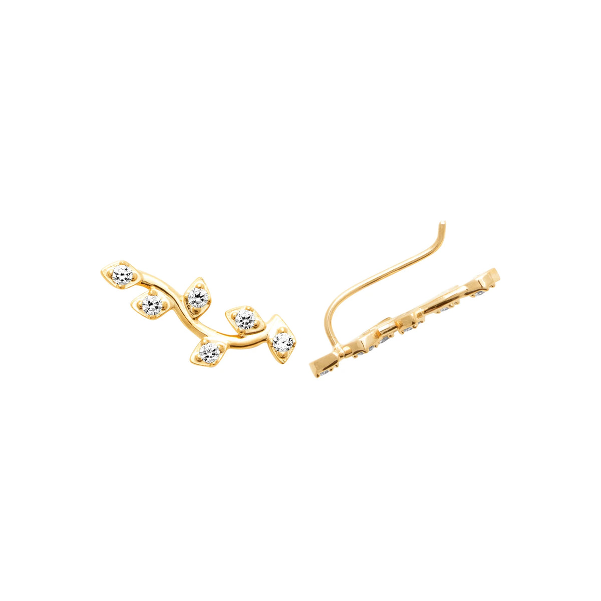 Boucles d’oreilles grimpantes branche fleurie de zircons en plaqué or