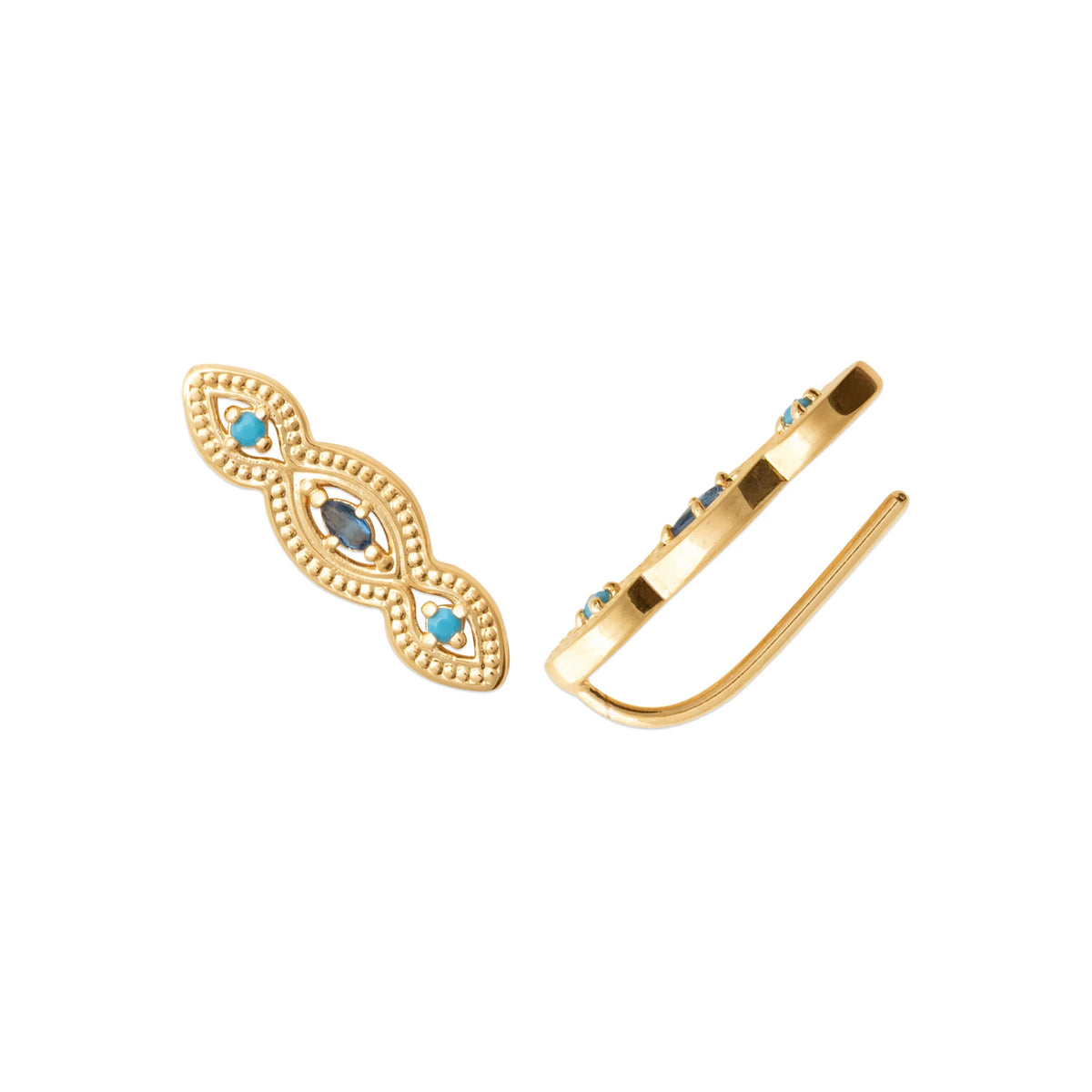 Boucles d’oreilles grimpantes navettes perlées et pierres turquoise en plaqué or