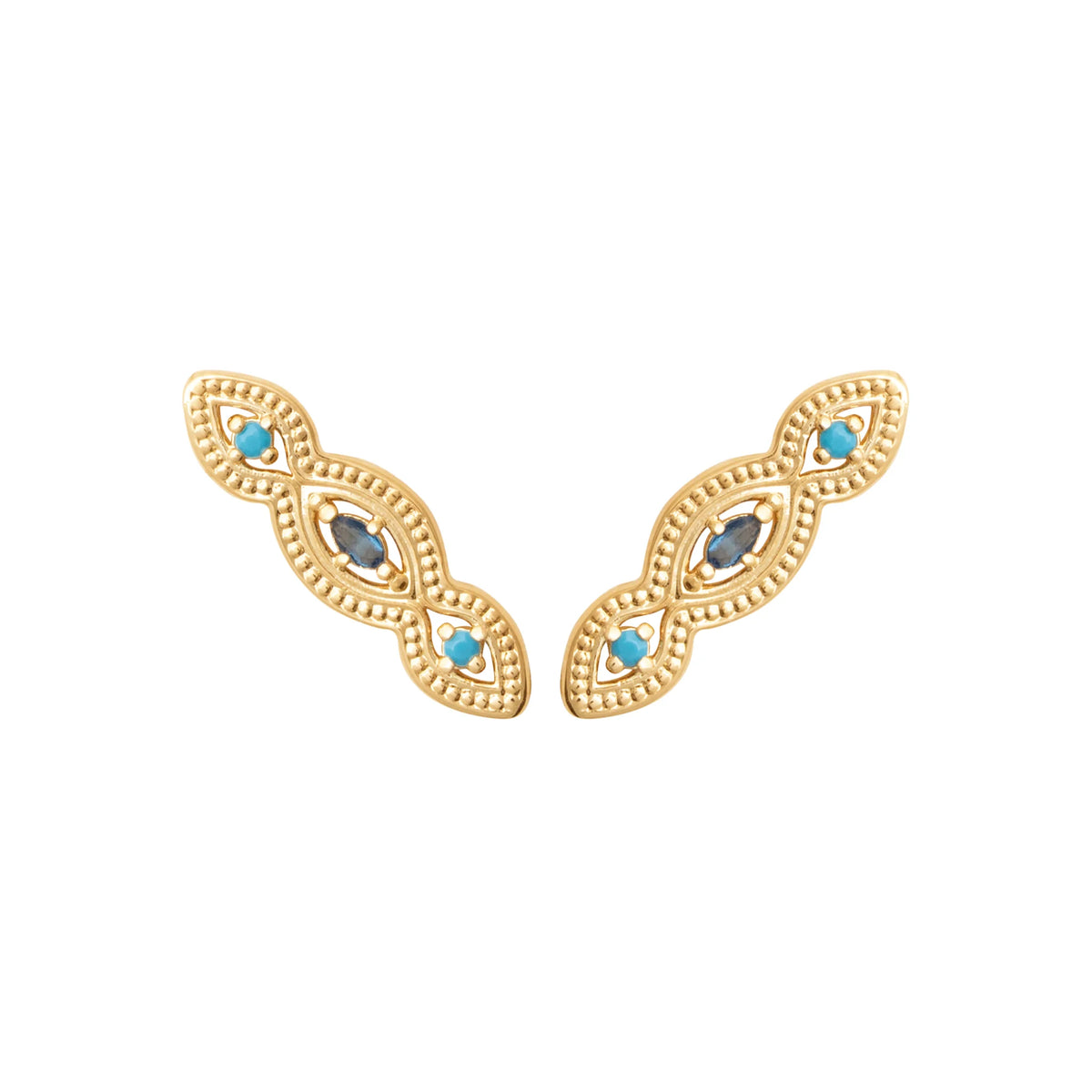 Boucles d’oreilles grimpantes navettes perlées et pierres turquoise en plaqué or