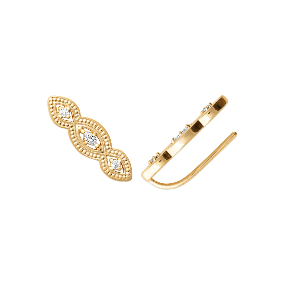 Boucles d’oreilles grimpantes navettes perlées et zircons en plaqué or