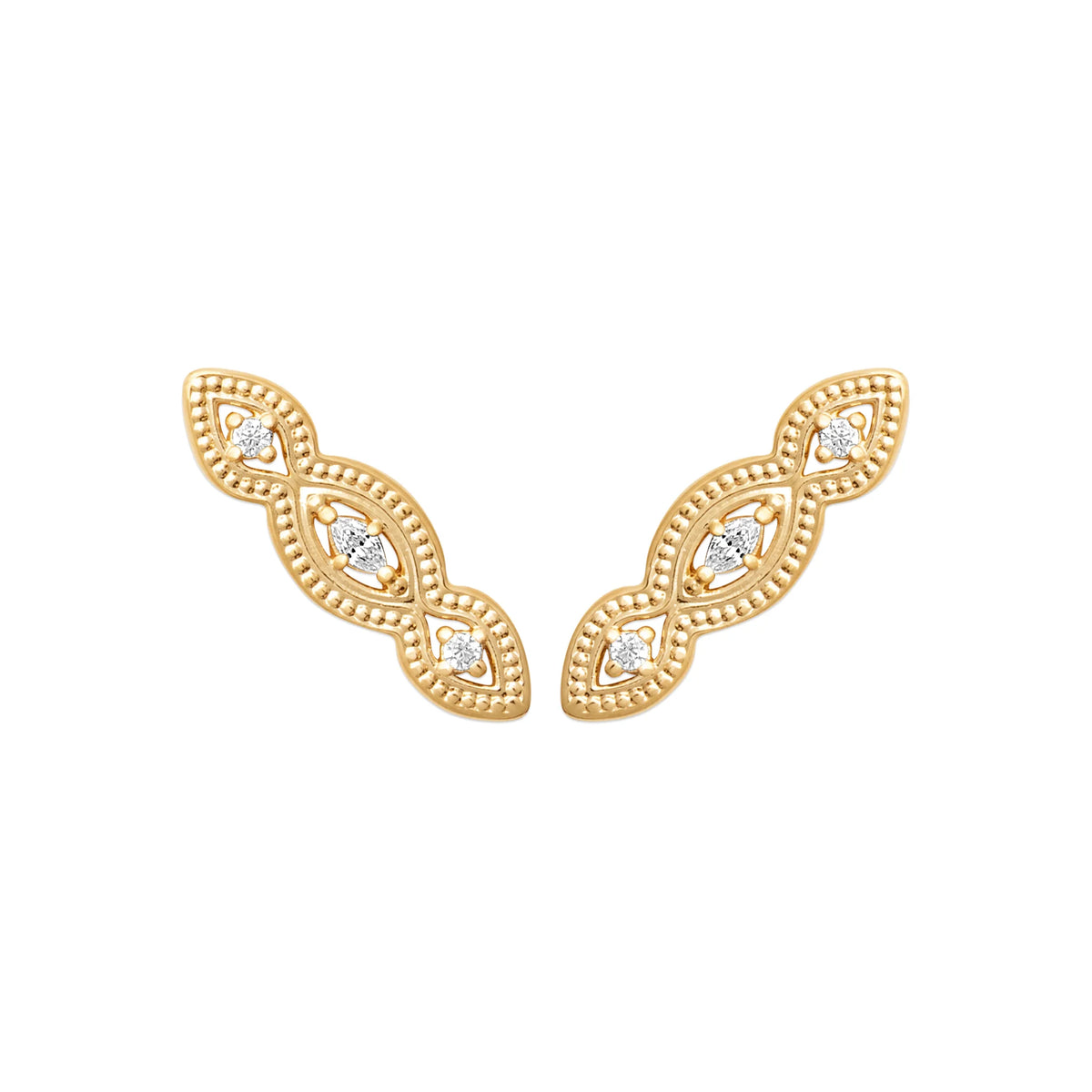 Boucles d’oreilles grimpantes navettes perlées et zircons en plaqué or