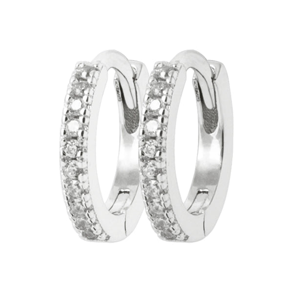 Boucles d’oreilles mini créoles 11 mm pavées de zircons en argent 925, vue de face