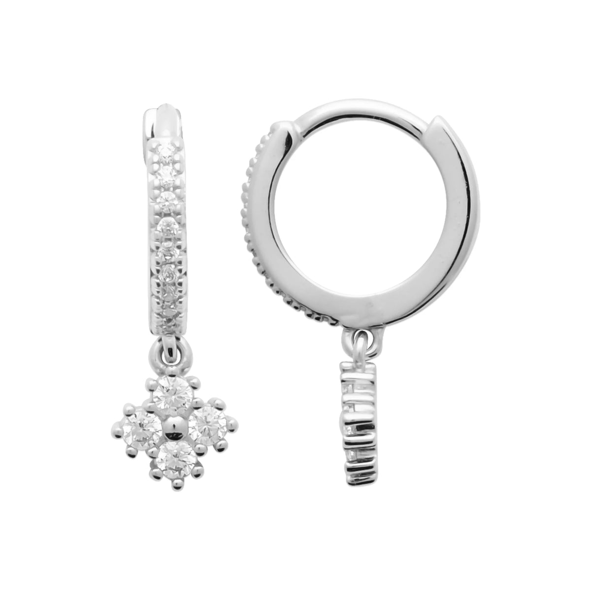 Boucles d’oreilles mini créoles pavées et pampille rosace en argent 925