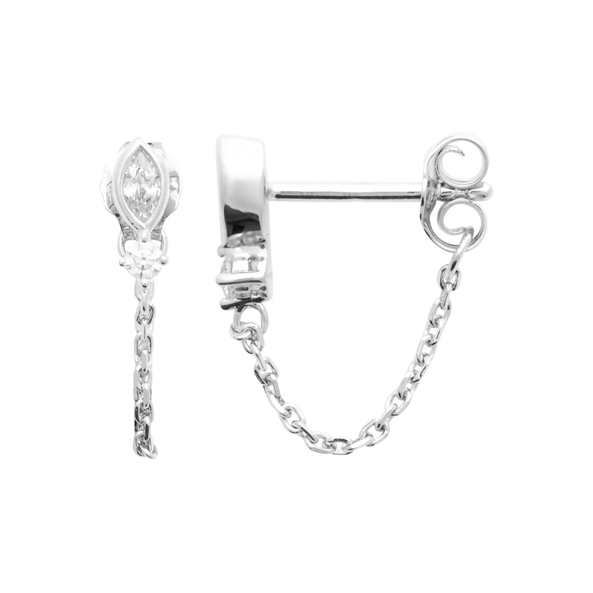 Boucles d’oreilles navette et chaînette traversante en argent 925