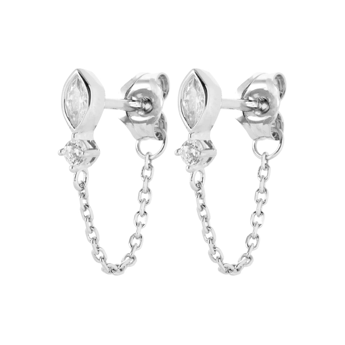 Boucles d’oreilles navette et chaînette traversante en argent 925