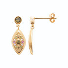 Boucles d’oreilles pendantes amande d’or et rosace de pierres vertes en plaqué or