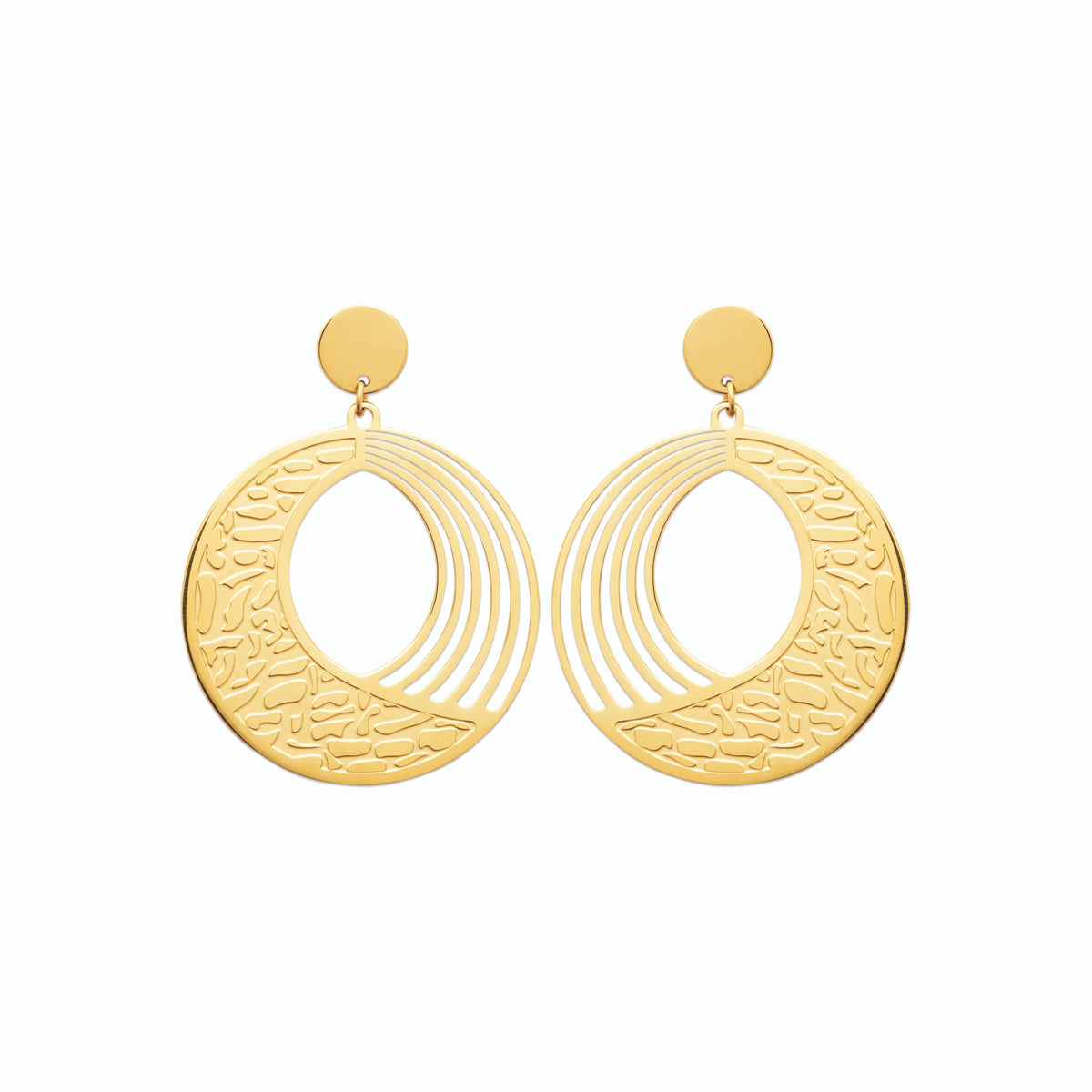 Boucles d’oreilles pendantes anneau ajouré en vagues gravées en acier PVD doré