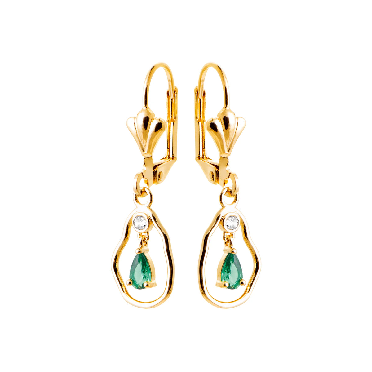 Boucles d’oreilles pendantes anneau libre et pierre verte en plaqué or