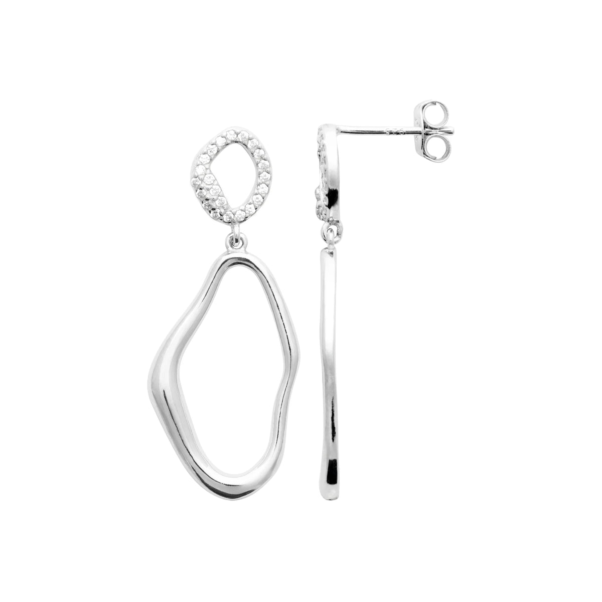 Boucles d’oreilles pendantes anneaux organiques et zircons en argent 925 rhodié