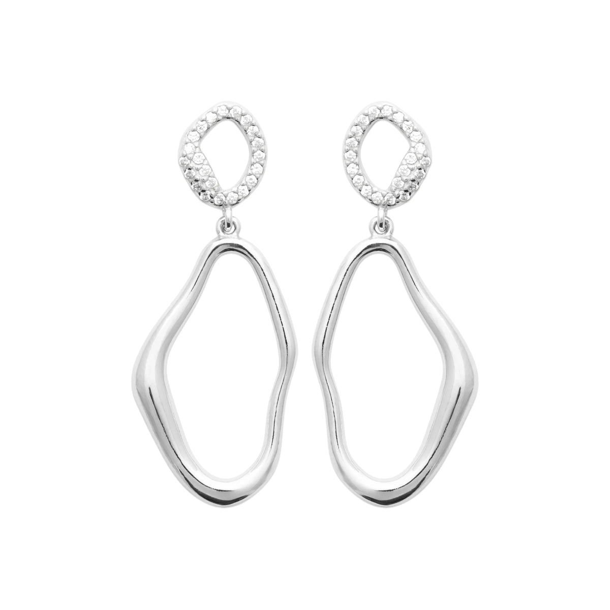 Boucles d’oreilles pendantes anneaux organiques et zircons en argent 925 rhodié