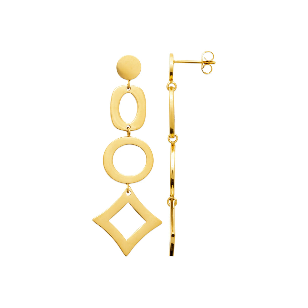 Boucles d’oreilles pendantes anneaux ovales et losange en acier PVD doré