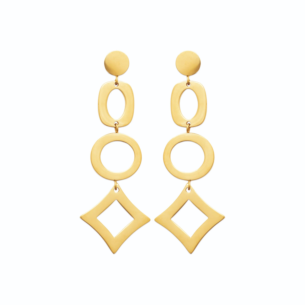 Boucles d’oreilles pendantes anneaux ovales et losange en acier PVD doré