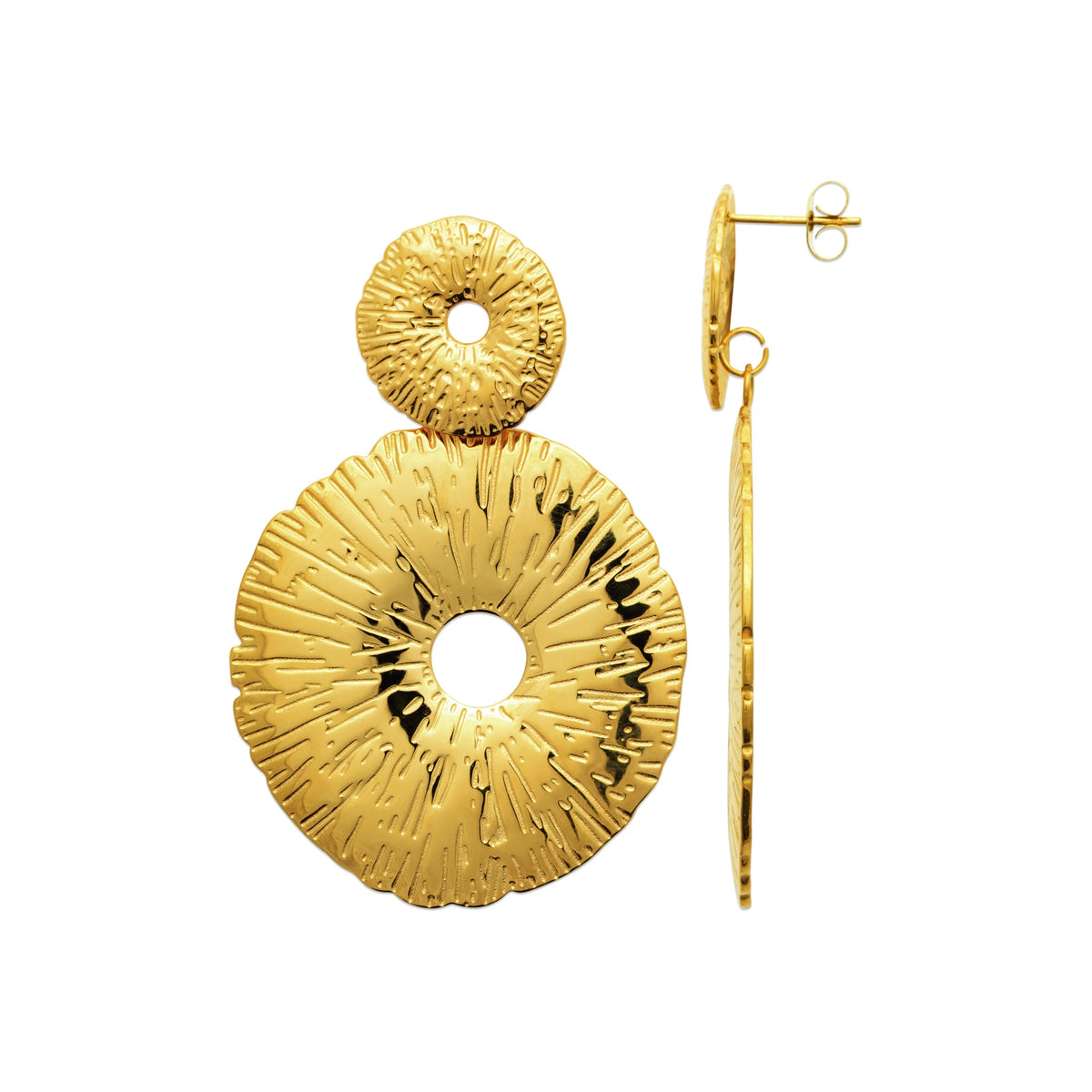 Boucles d’oreilles pendantes anneaux texturés en cascade en acier PVD doré