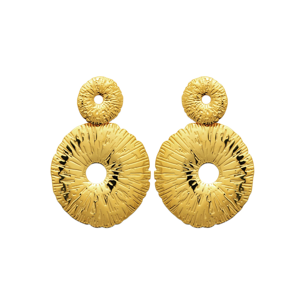 Boucles d’oreilles pendantes anneaux texturés en cascade en acier PVD doré