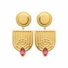 Boucles d’oreilles pendantes arche gravée et cristal rose en acier PVD doré