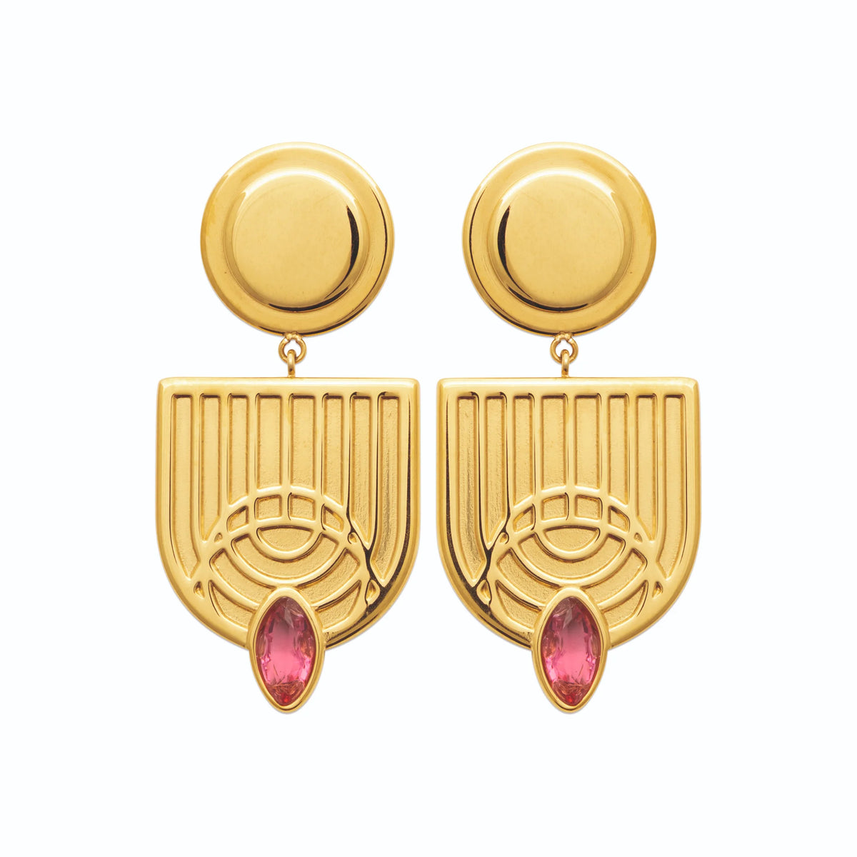 Boucles d’oreilles pendantes arche gravée et cristal rose en acier PVD doré