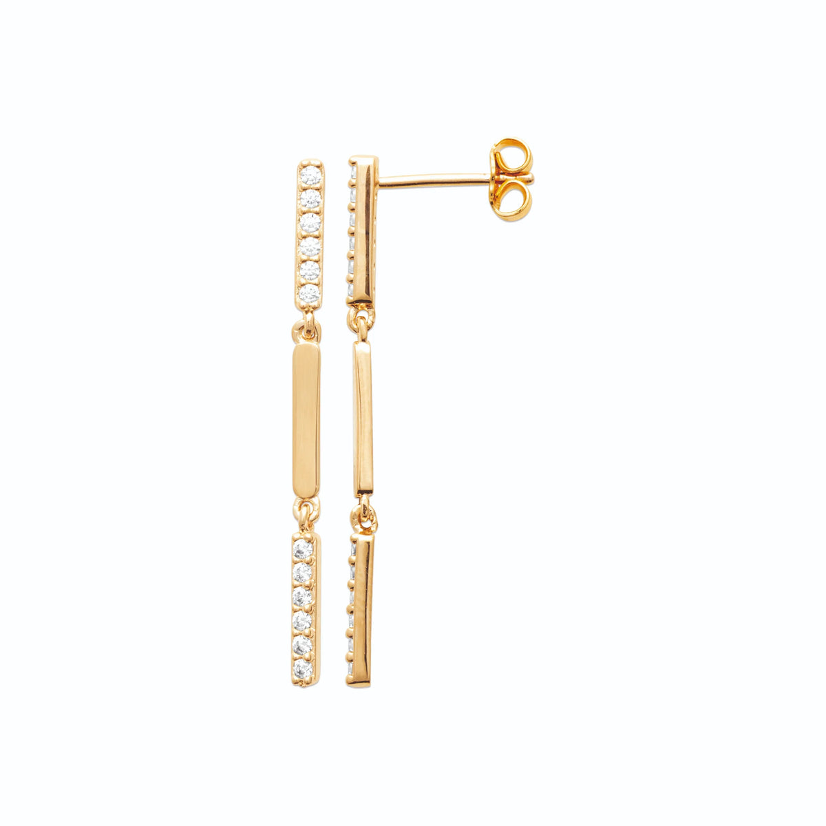 Boucles d’oreilles pendantes barres parallèles et zircons en plaqué or