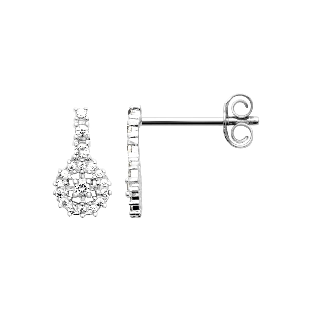Boucles d’oreilles pendantes barrette et rosace pavée de zircons en argent 925 rhodié