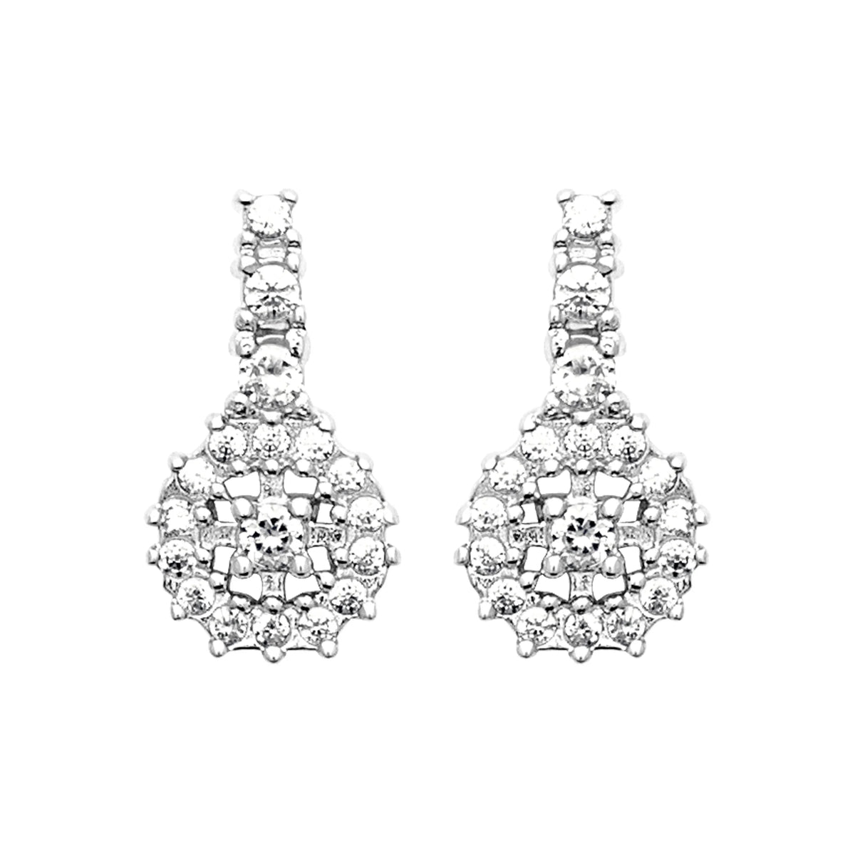 Boucles d’oreilles pendantes barrette et rosace pavée de zircons en argent 925 rhodié