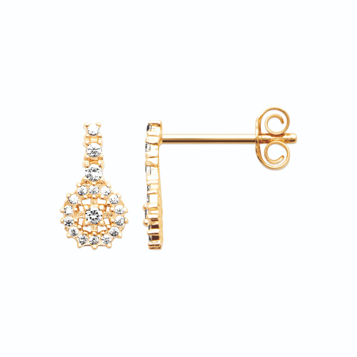 Boucles d’oreilles pendantes barrette et rosace pavée de zircons en plaqué or