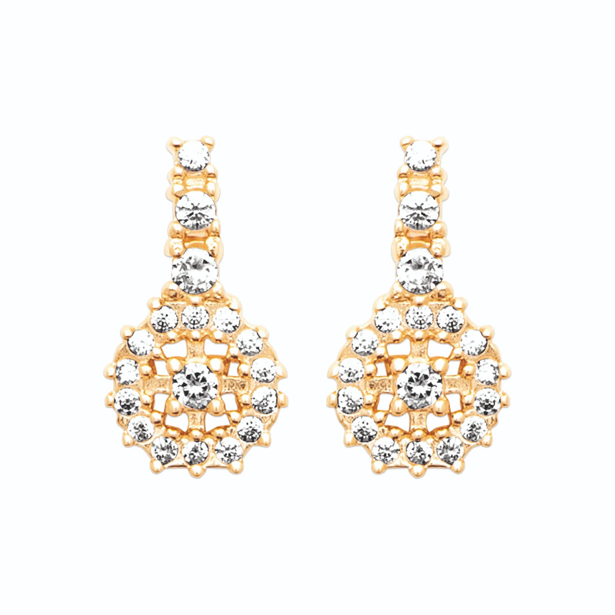Boucles d’oreilles pendantes barrette et rosace pavée de zircons en plaqué or