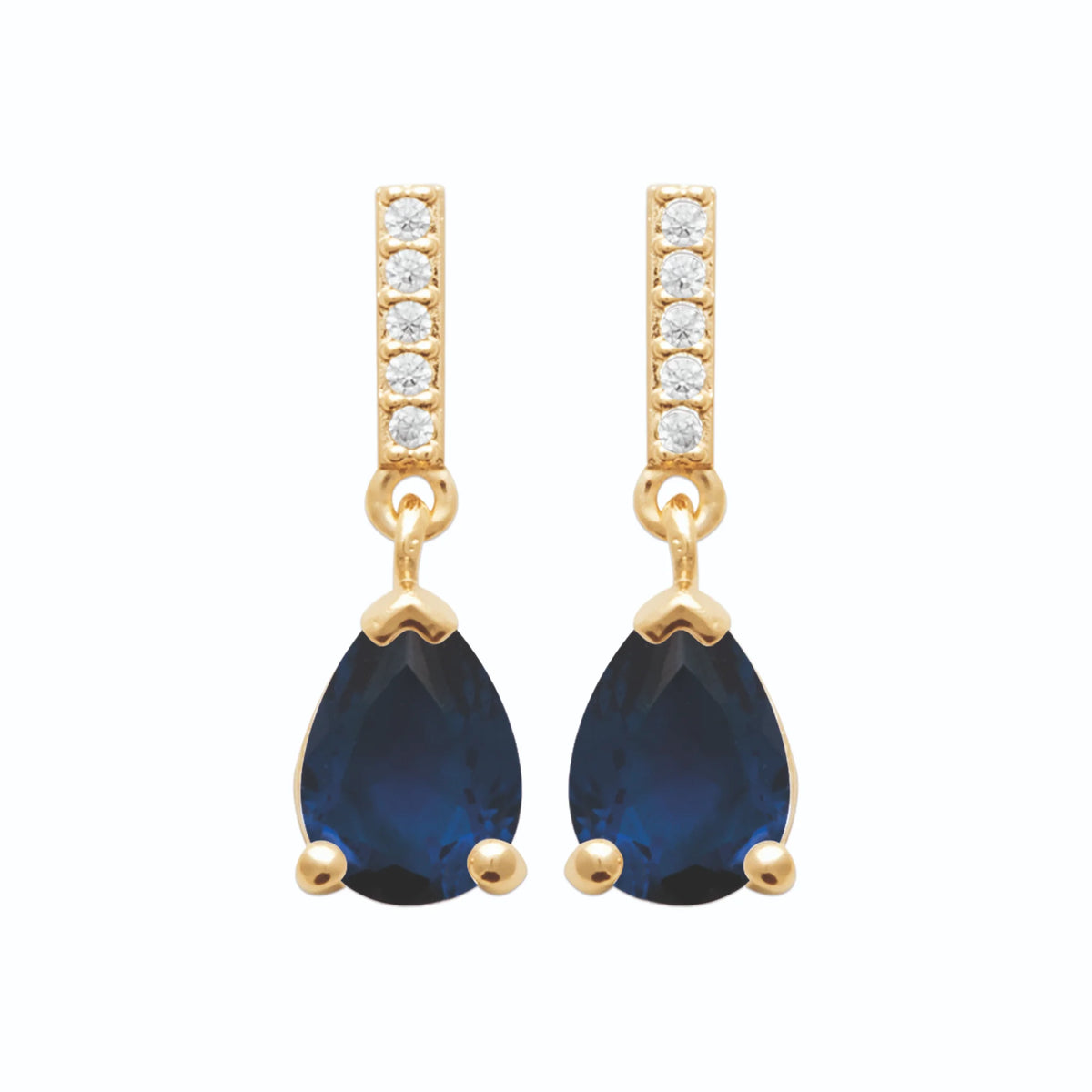 Boucles d’oreilles pendantes barrette de zircons et goutte bleu nuit en plaqué or