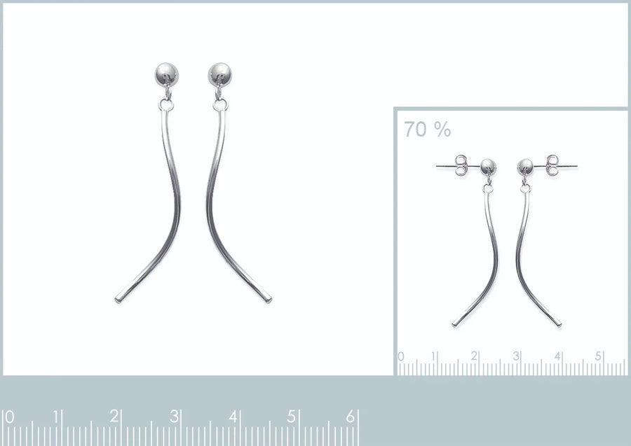 Boucles d’oreilles pendantes boule et virgule en argent 925 rhodié, vue de face