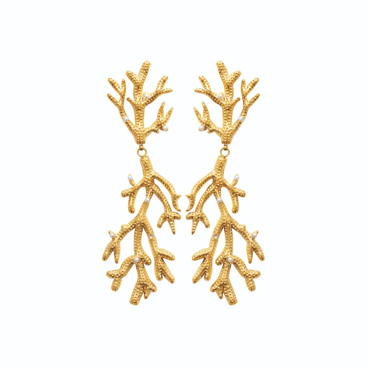 Boucles d’oreilles pendantes branches de corail et perles d’imitation en acier PVD doré