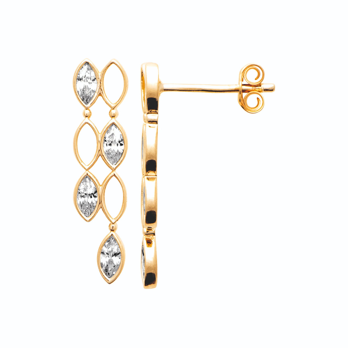 Boucles d’oreilles pendantes cascade de navettes et zircons en plaqué or