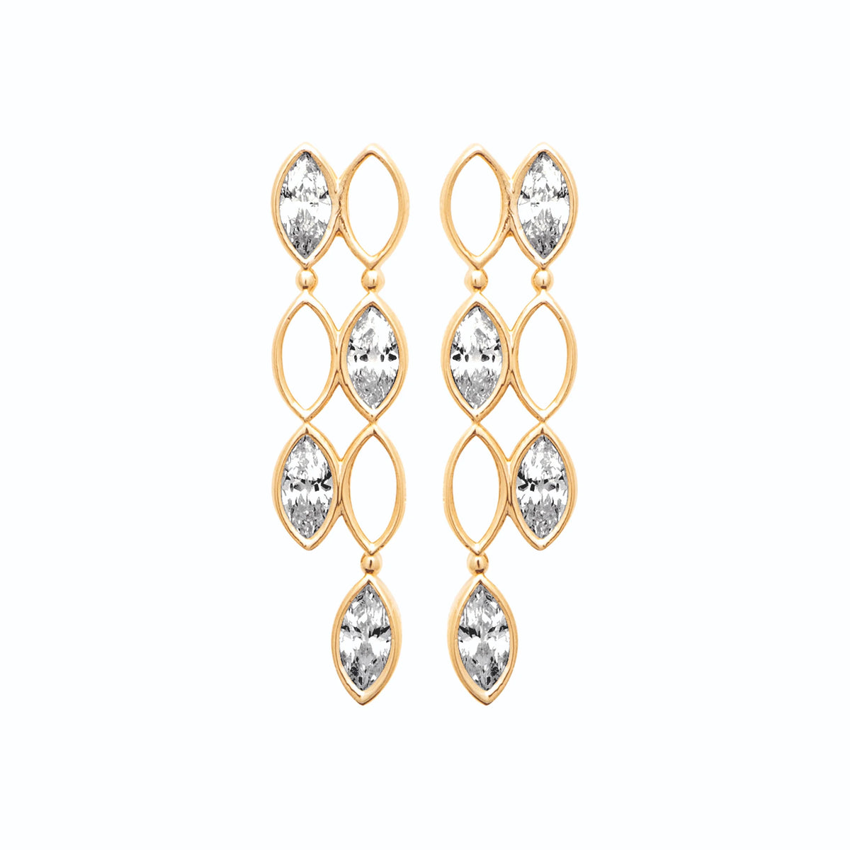 Boucles d’oreilles pendantes cascade de navettes et zircons en plaqué or