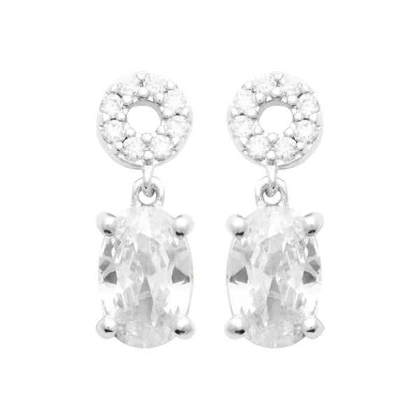 Boucles d’oreilles pendantes cercle pavé et zircon ovale en argent 925, vue de face
