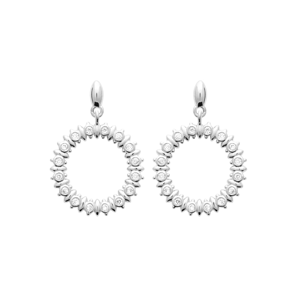 Boucles d’oreilles pendantes cercle rayonnant de zircons en argent 925 rhodié