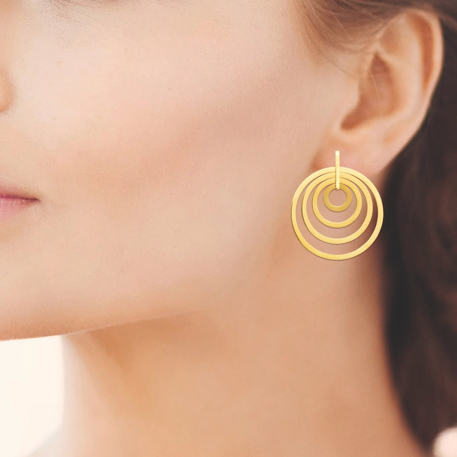 Boucles d’oreilles pendantes cercles concentriques en acier PVD doré, portées à l’oreille