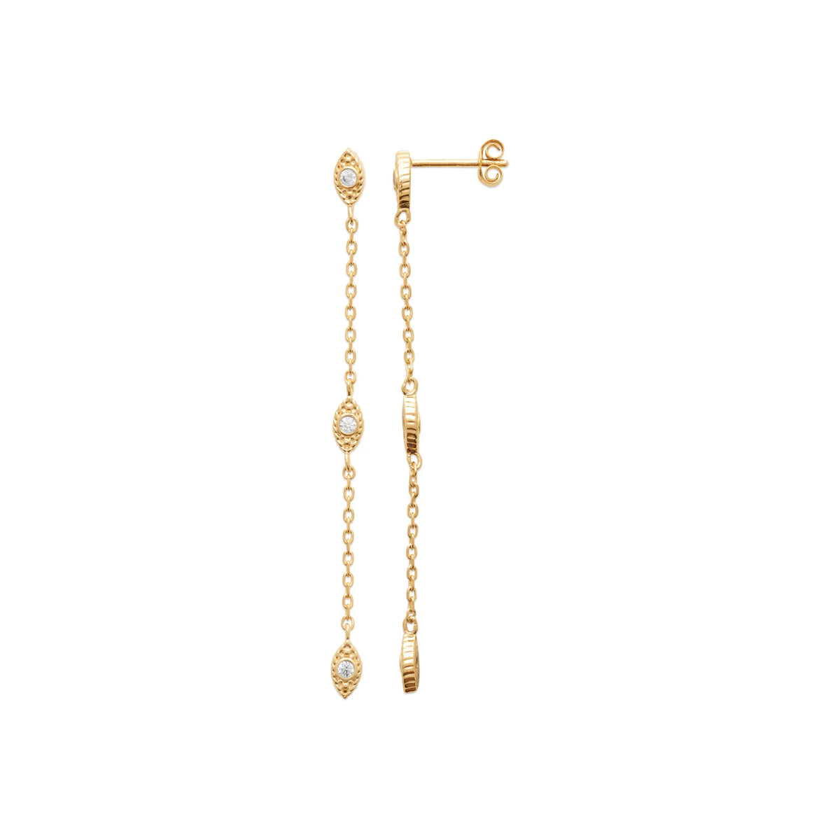 Boucles d’oreilles pendantes chaînettes à navettes de zircons enfant en plaqué or