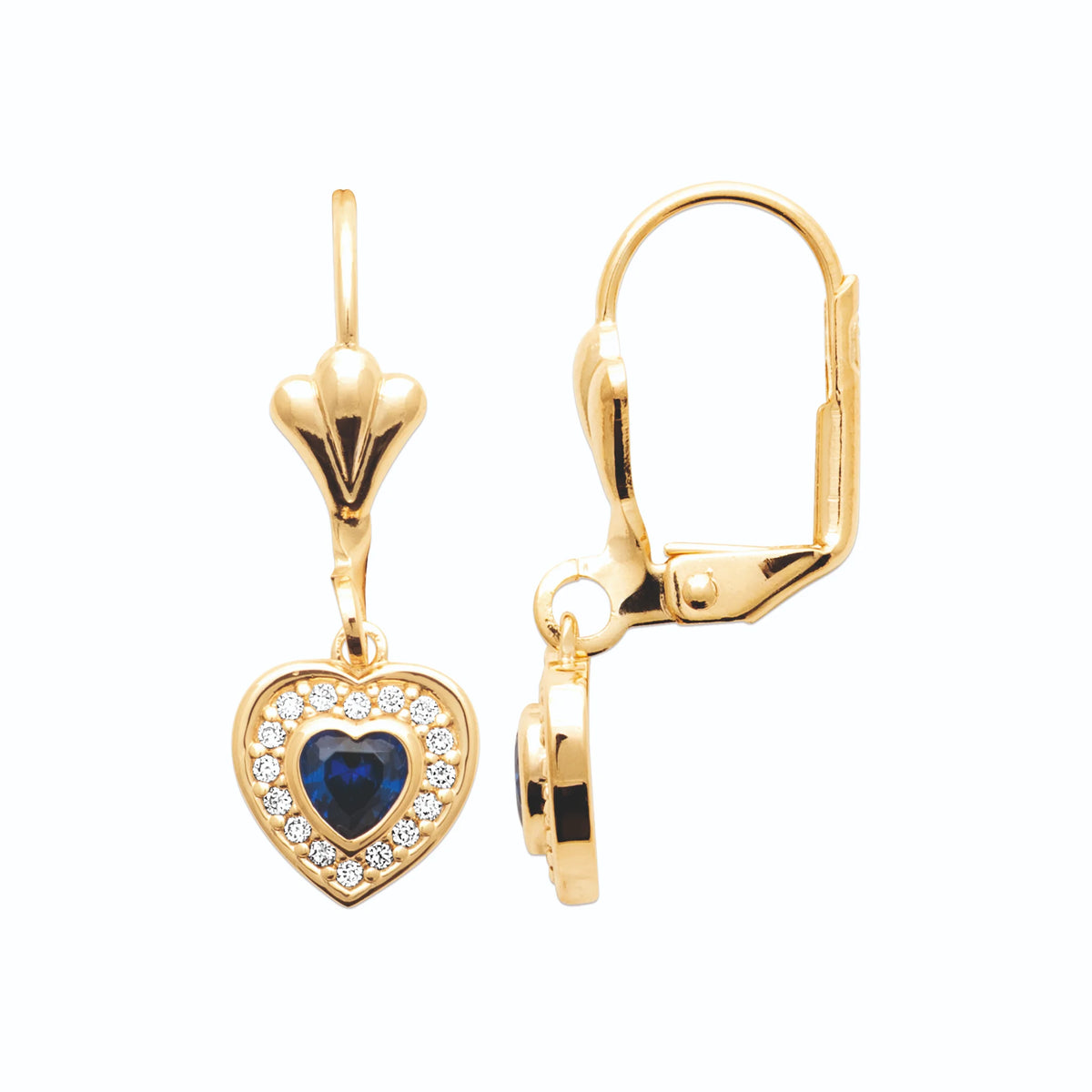 Boucles d’oreilles pendantes cœur bleu nuit et halo de zircons en plaqué or