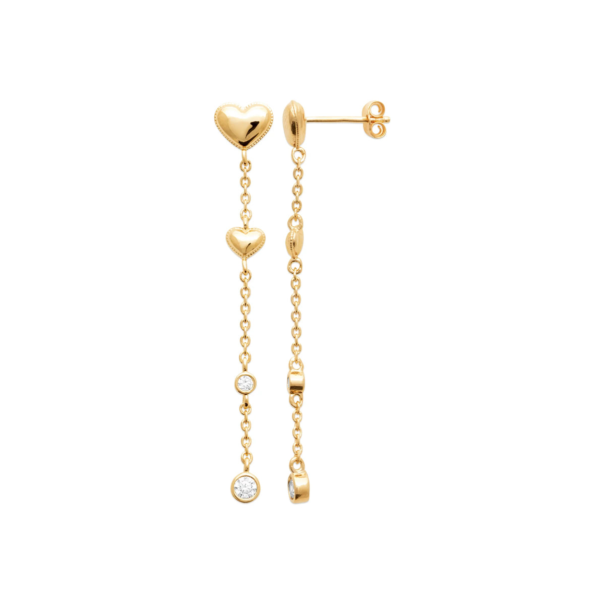 Boucles d’oreilles pendantes cœur et chaînette de zircons en plaqué or