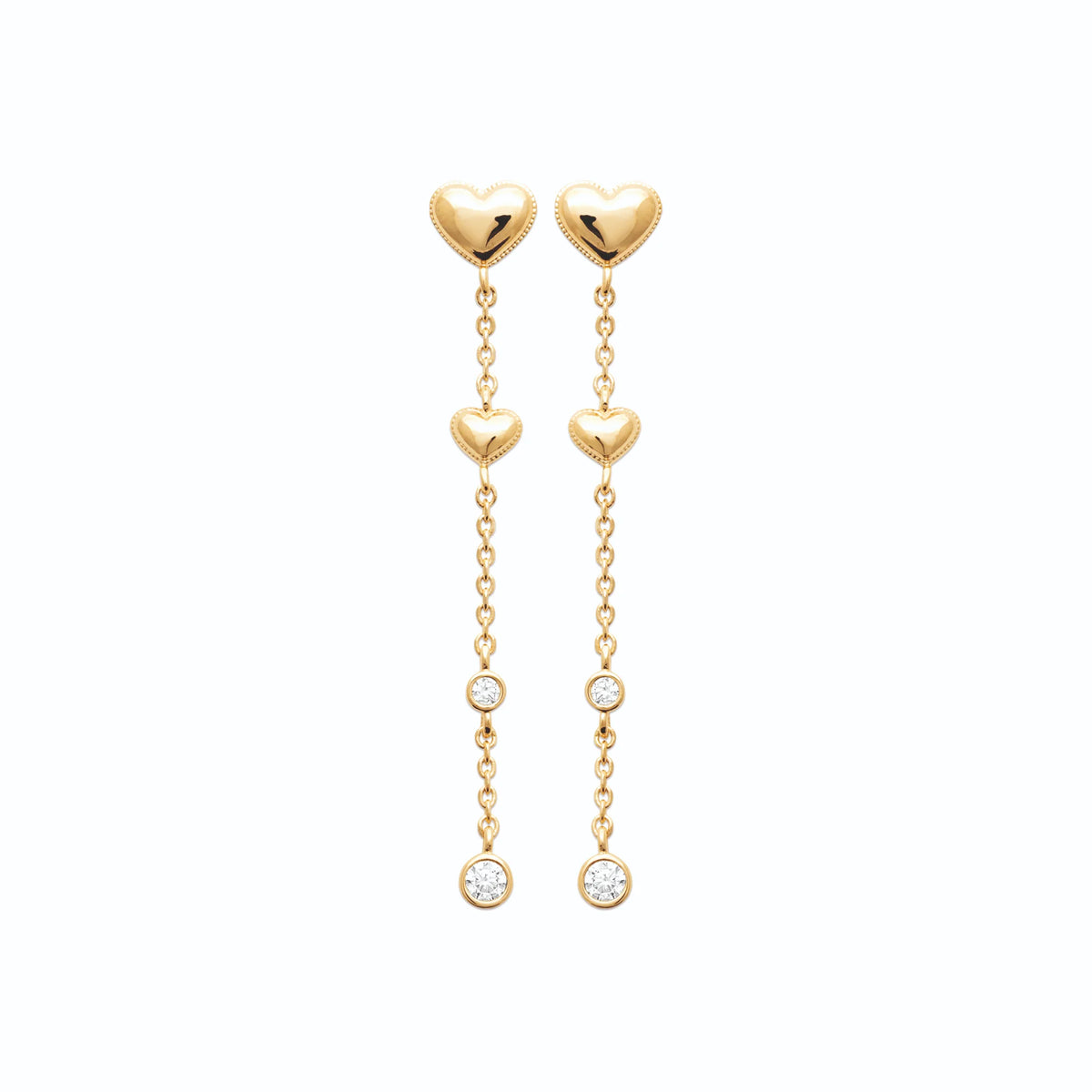 Boucles d’oreilles pendantes cœur et chaînette de zircons en plaqué or