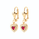 Boucles d’oreilles pendantes cœur rouge et halo de zircons en plaqué or