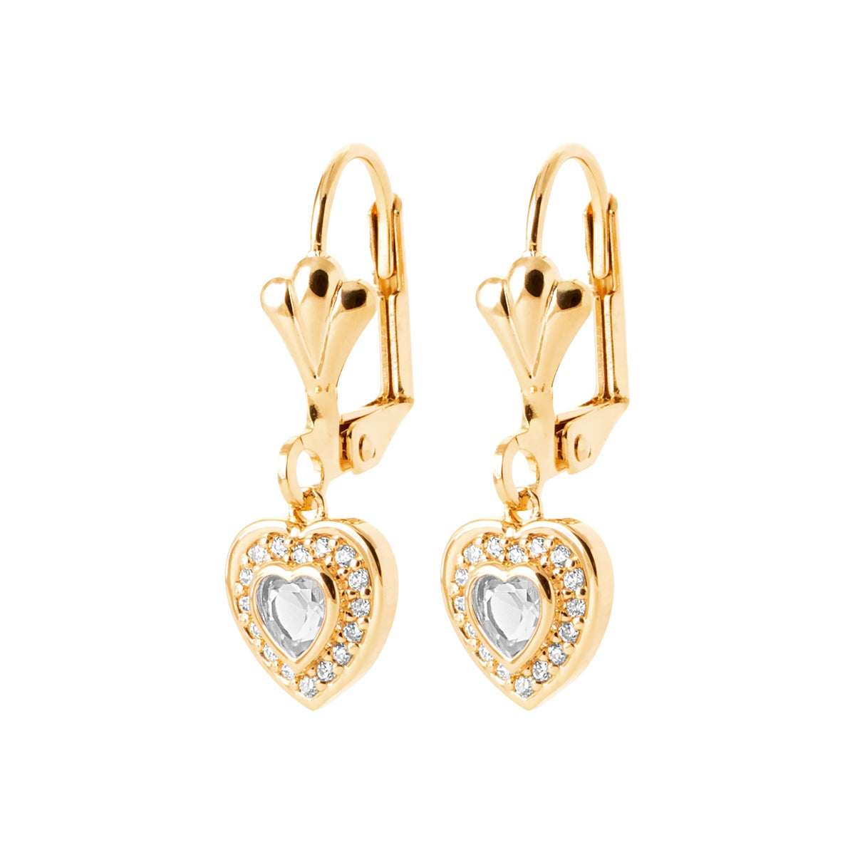 Boucles d’oreilles pendantes cœur zircon et halo de zircons en plaqué or