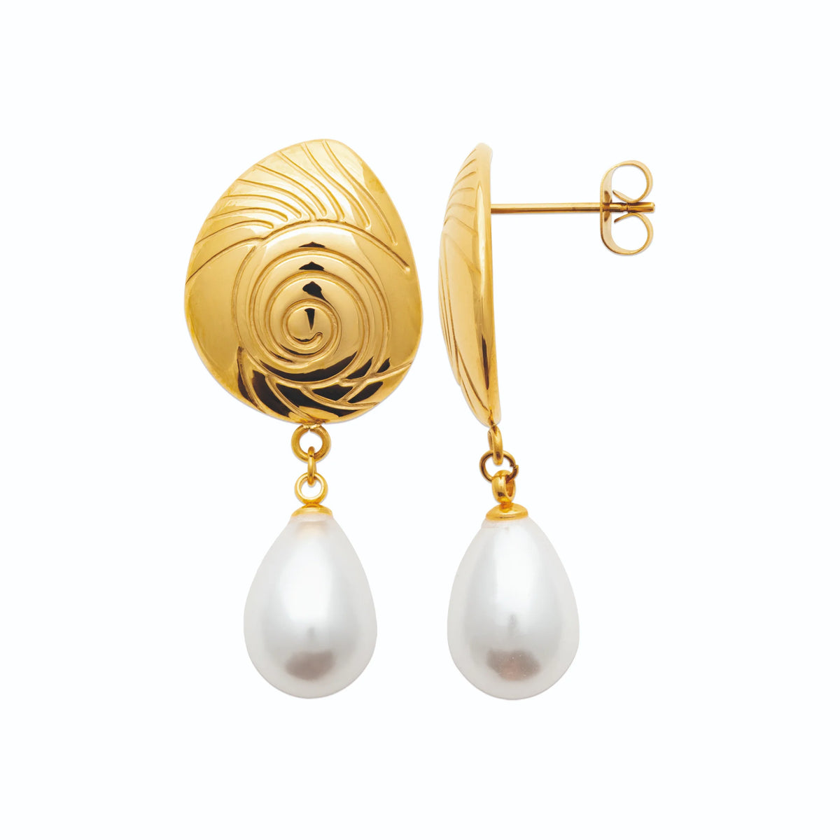 Boucles d’oreilles pendantes coquille ciselée et perle d’imitation en acier PVD doré