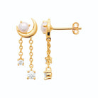 Boucles d’oreilles pendantes croissant, perle de culture et zircons en plaqué or